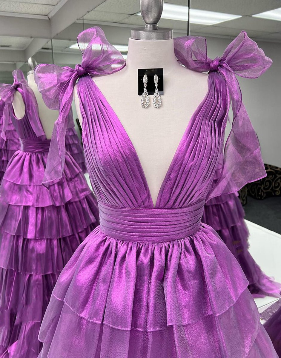 Glitter Tie Straps Plunging Neck Tie Long Prom Dresses