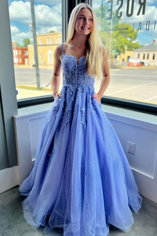 A-line Spaghetti Strap Tulle Lace Prom Dresses with Pockets