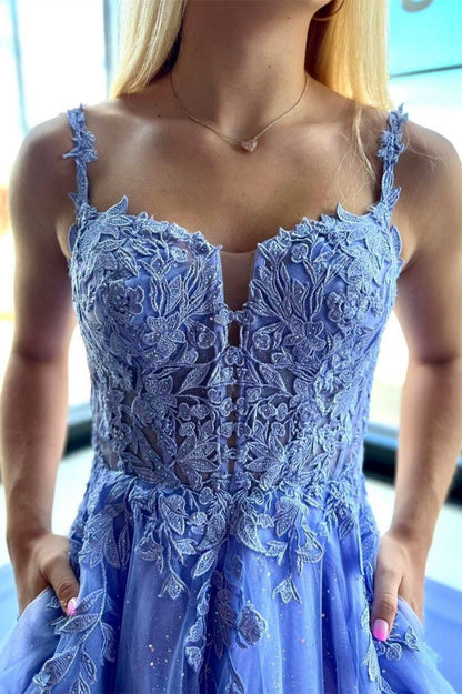 A-line Spaghetti Strap Tulle Lace Prom Dresses with Pockets