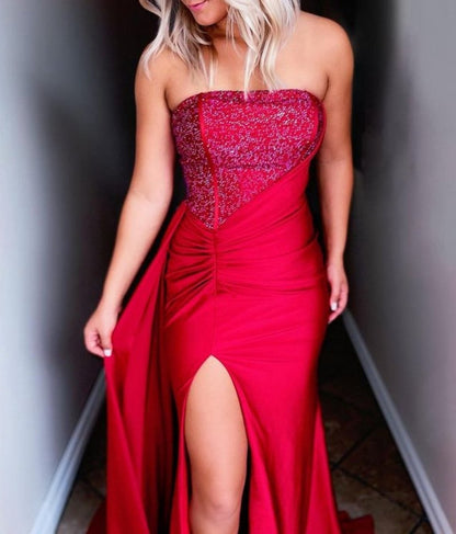Strapless Satin Long Prom Dresses with Slit