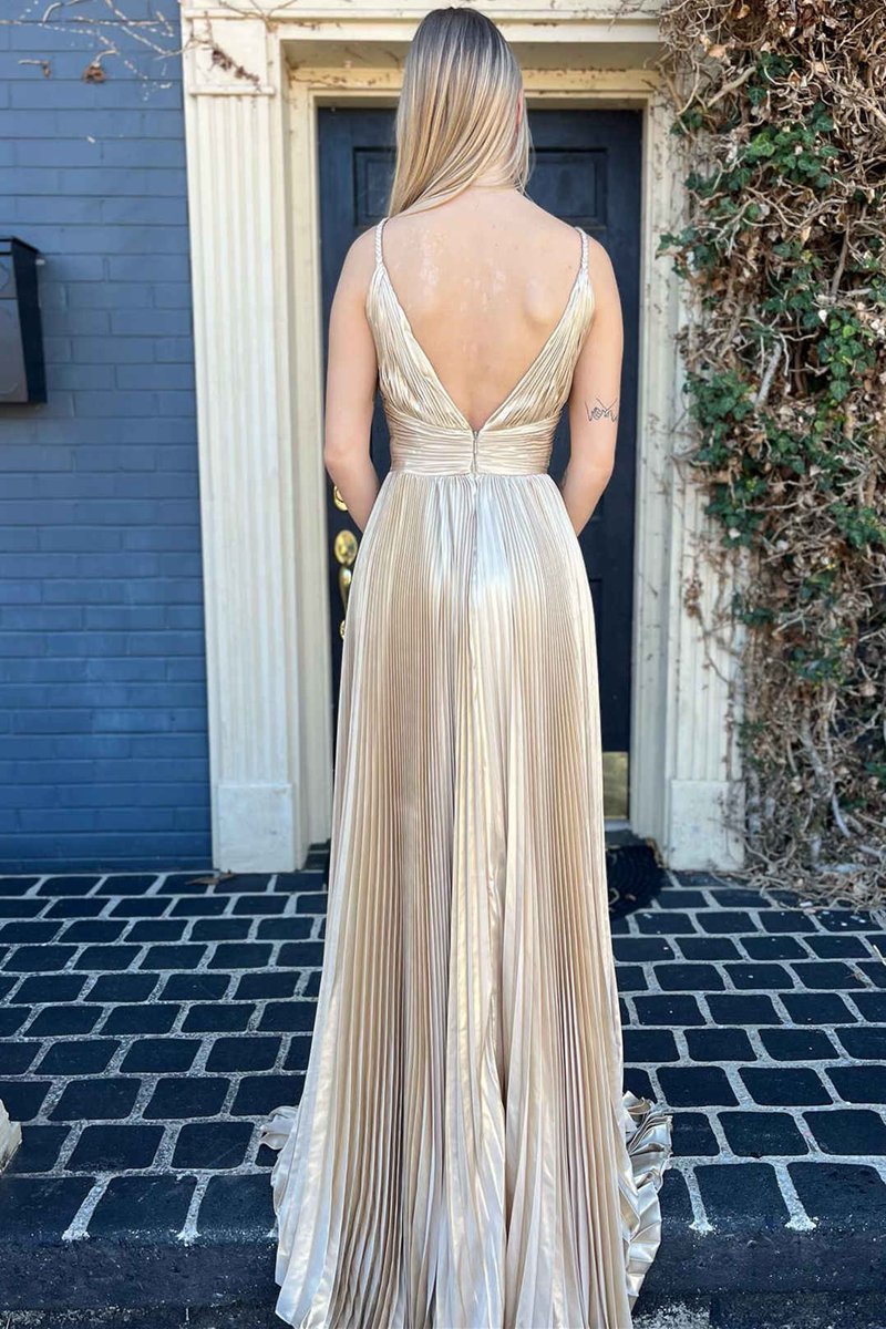 Plunging V-Neck Gold Pleated Long Prom Dresses