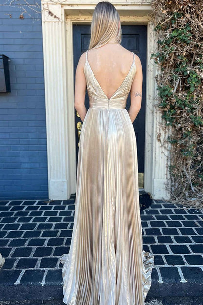 Plunging V-Neck Gold Pleated Long Prom Dresses