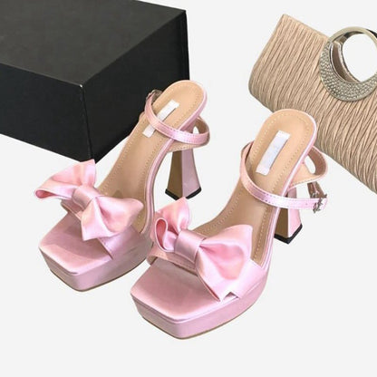 Chunky High Heel Sandals with Bow