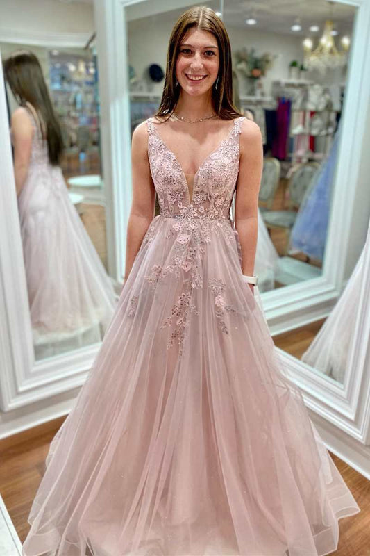 Floral Lace Plunge V Backless A-line Prom Gown