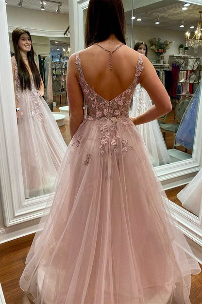 Floral Lace Plunge V Backless A-line Prom Gown