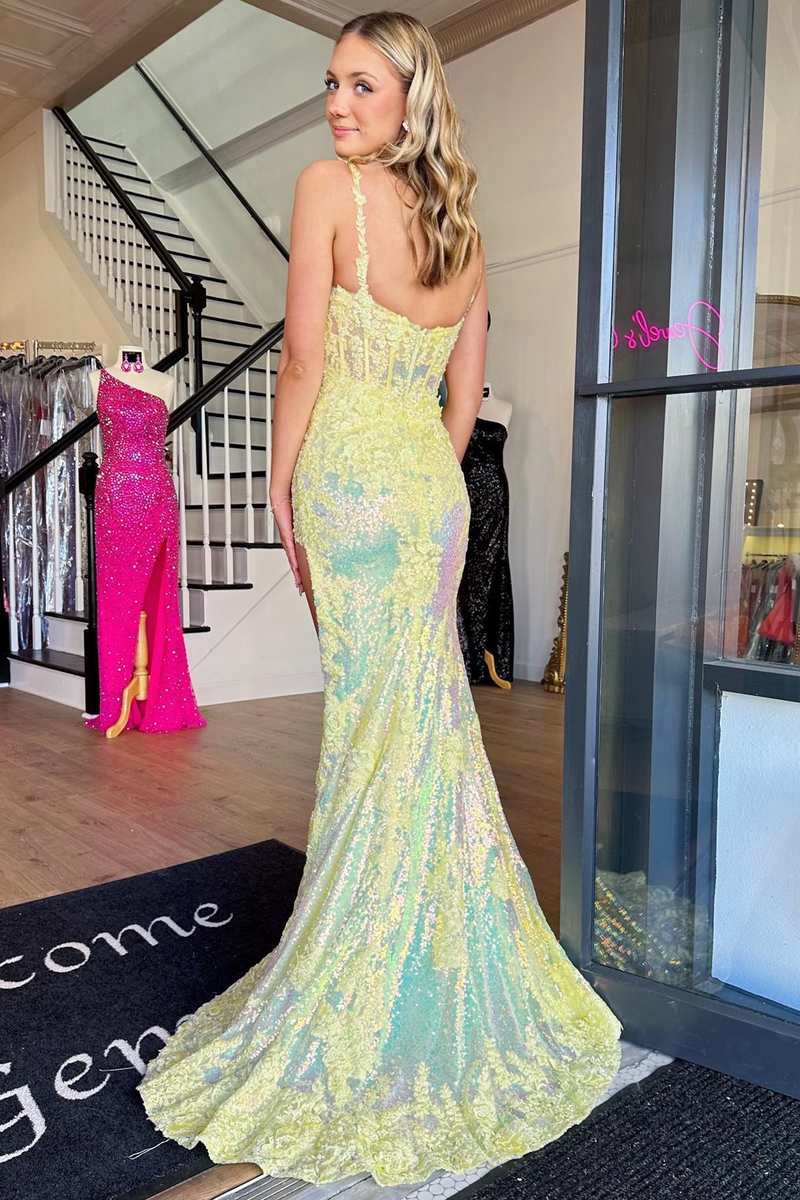 Sequin Appliques Scoop Neck Mermaid Long Prom Dresses with Slit