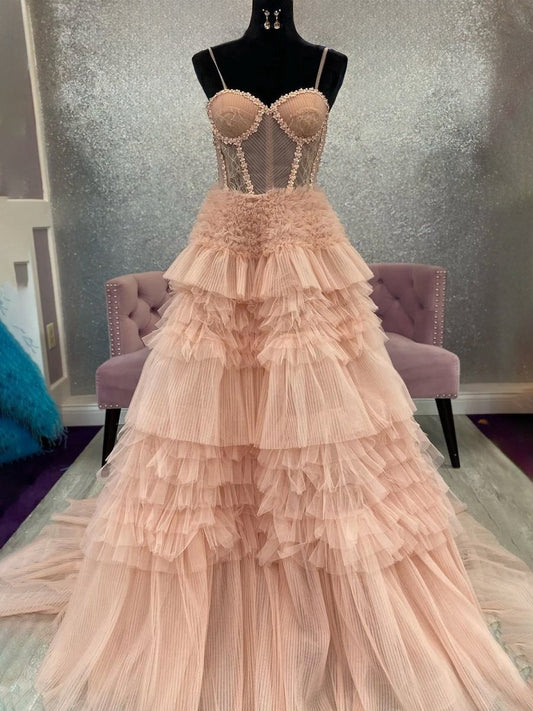 Tulle Ruffle Layered rs Lace-Up Back A-line Prom Dresses