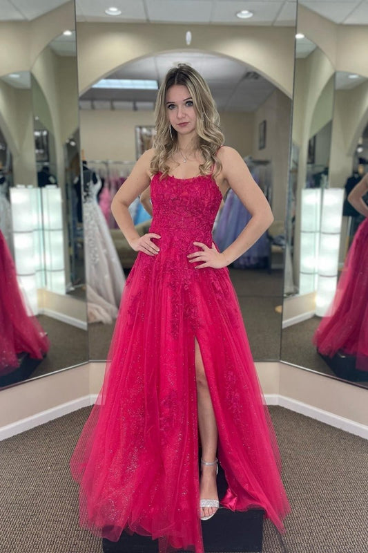 A-line Tulle Scoop Neckline Applique Slit Long Prom Dresses