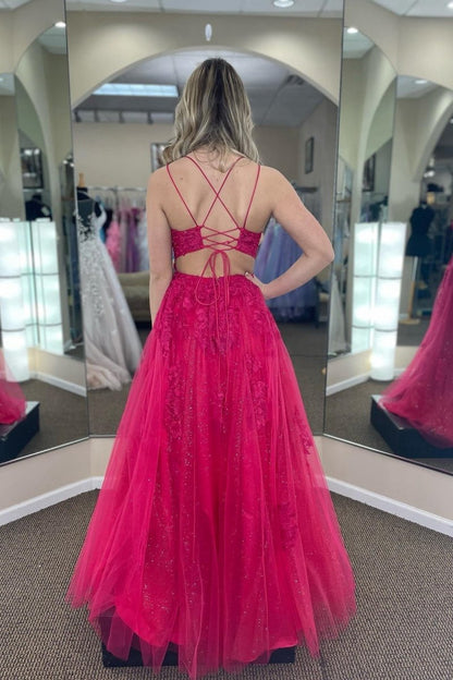 A-line Tulle Scoop Neckline Applique Slit Long Prom Dresses