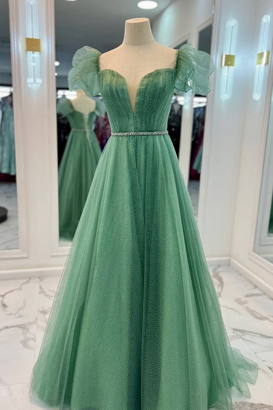 Tulle A-line V Neckline Off-Shoulder Long Prom Dresses
