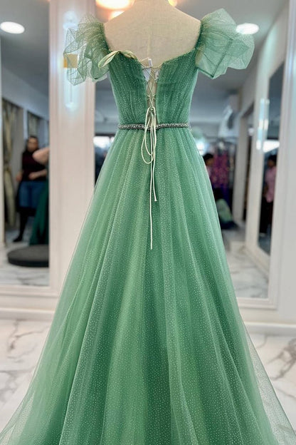 Tulle A-line V Neckline Off-Shoulder Long Prom Dresses