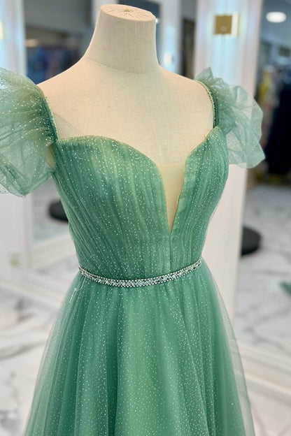 Tulle A-line V Neckline Off-Shoulder Long Prom Dresses
