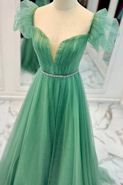 Tulle A-line V Neckline Off-Shoulder Long Prom Dresses
