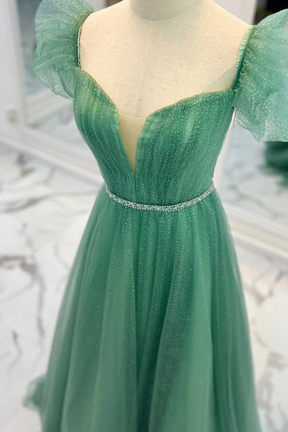 Tulle A-line V Neckline Off-Shoulder Long Prom Dresses