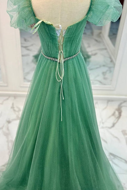 Tulle A-line V Neckline Off-Shoulder Long Prom Dresses