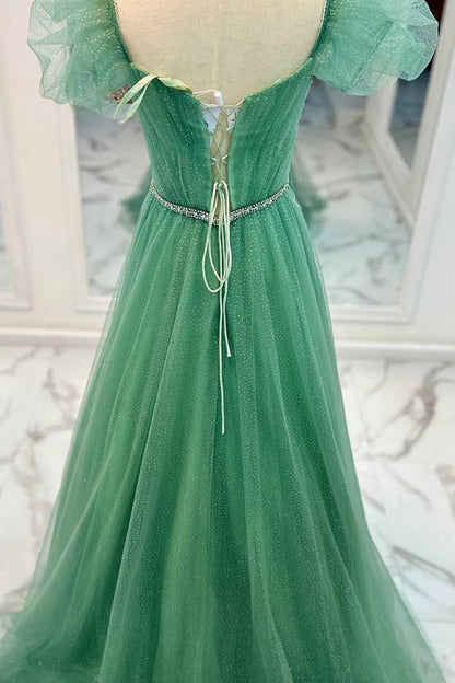Tulle A-line V Neckline Off-Shoulder Long Prom Dresses