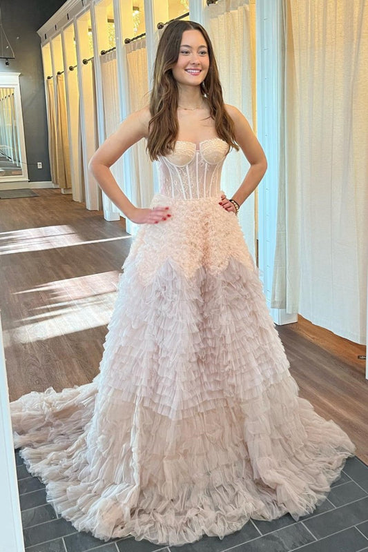 Tulle Ruffle Layered rs Boning A-line Long Prom Dresses