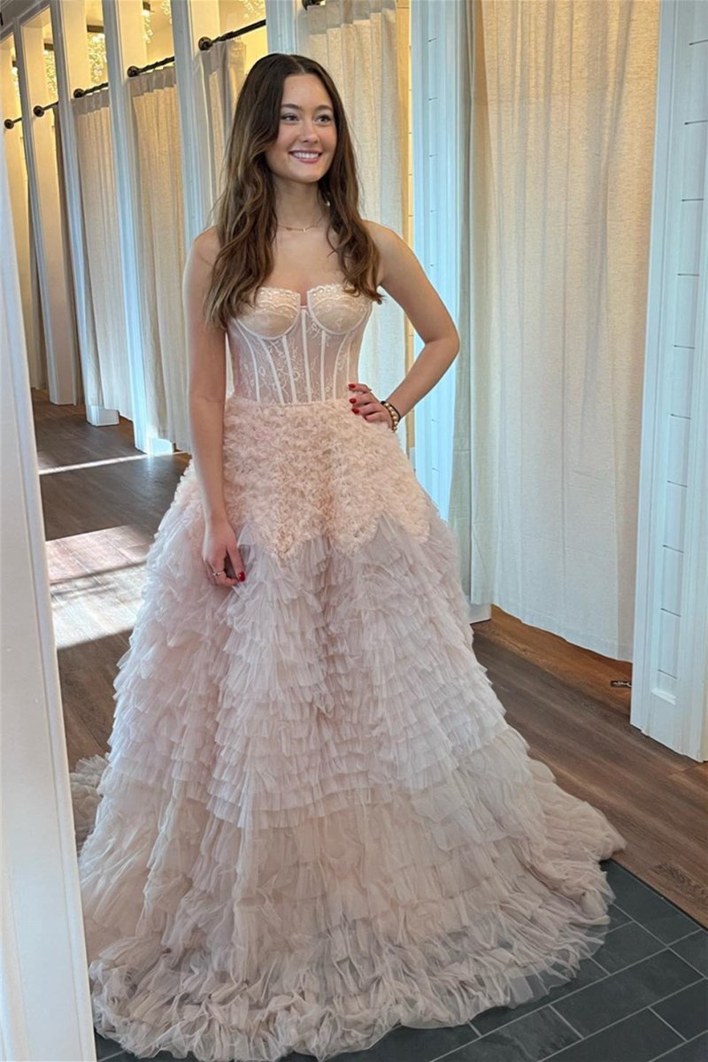 Tulle Ruffle Layered rs Boning A-line Long Prom Dresses