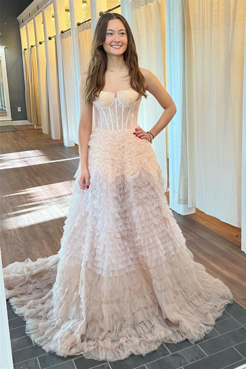 Tulle Ruffle Layered rs Boning A-line Long Prom Dresses