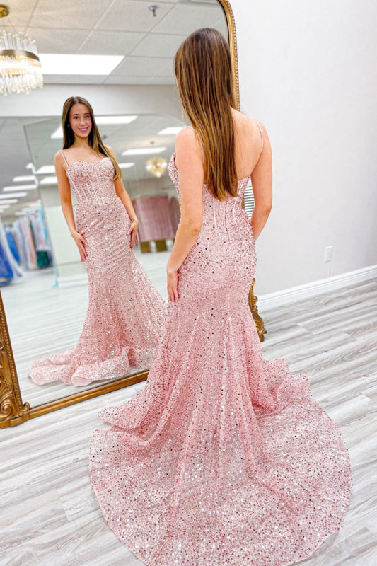 Sequins Mermaid Spaghetti Straps Boning Long Prom Dresses