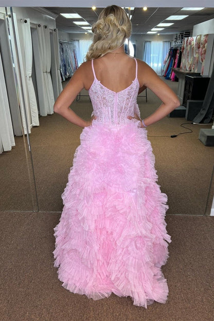 Plunging V Ruffles Floral Long Prom Dresses with Slit
