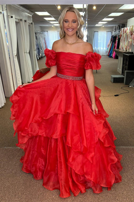 Off-the-Shoulder Layered rs Beaded Tulle Long Prom Dresses