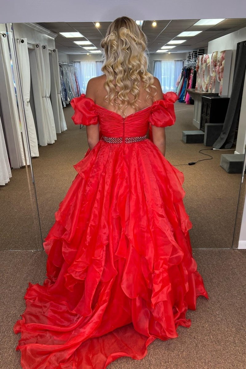 Off-the-Shoulder Layered rs Beaded Tulle Long Prom Dresses