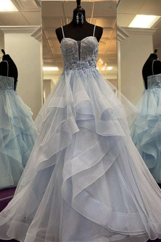 Straps Layered rs Floral A-line Long Prom Dresses