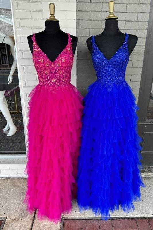 Layers Floral Tulle A-line Long Prom Dresses
