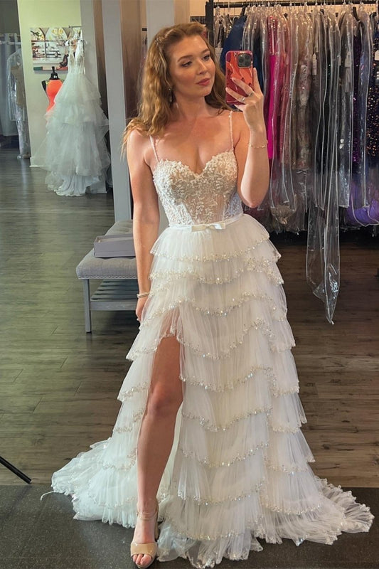 Straps Floral Sequined Multi-Layers Long Prom Dresses with Slit
