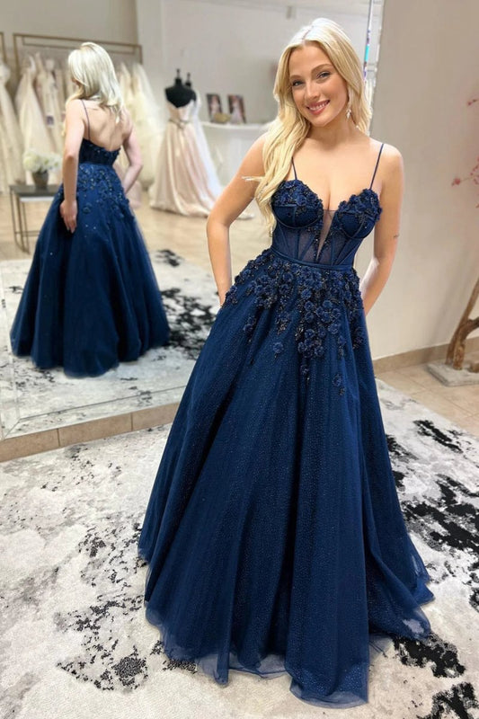 Straps Plunging V Floral Beaded Long Prom Dresses