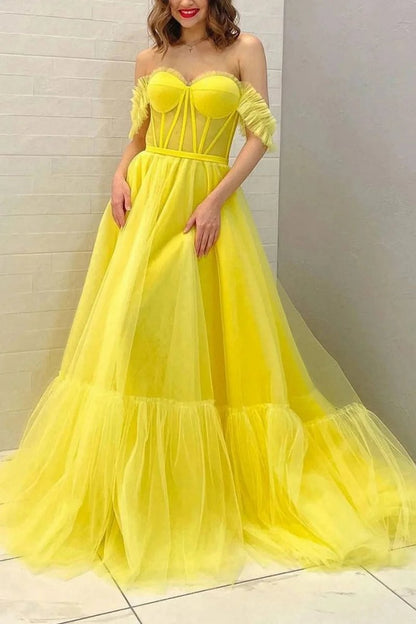 A-line Off the Shoulder Corset Prom Dresses