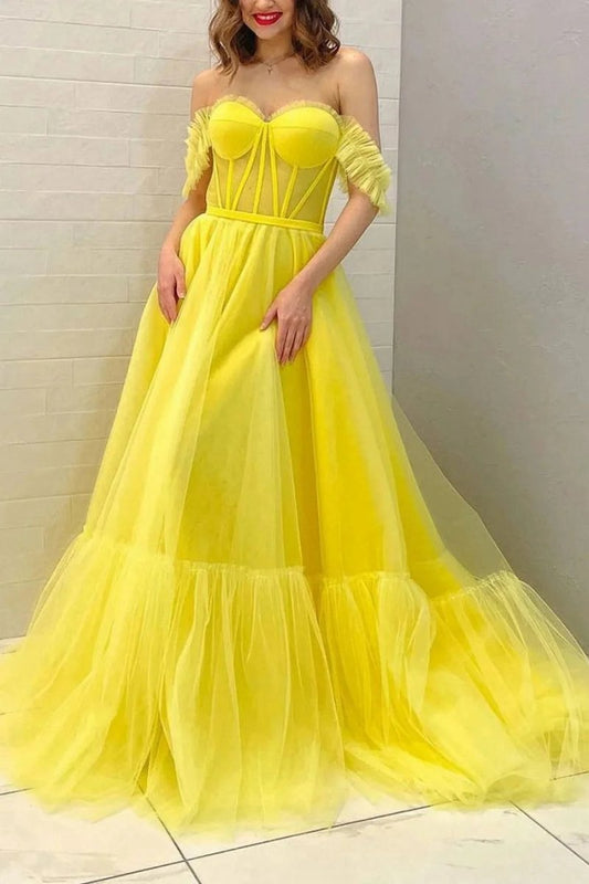 A-line Off the Shoulder Corset Prom Dresses