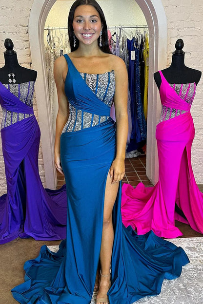 Mermaid One Shoulder Long Prom Dresses with Beaded