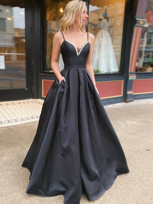 A-line V Neck Long Prom Dresses