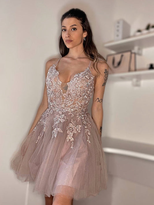 A-line Applique BlushTulle Short Homecoming Dresses