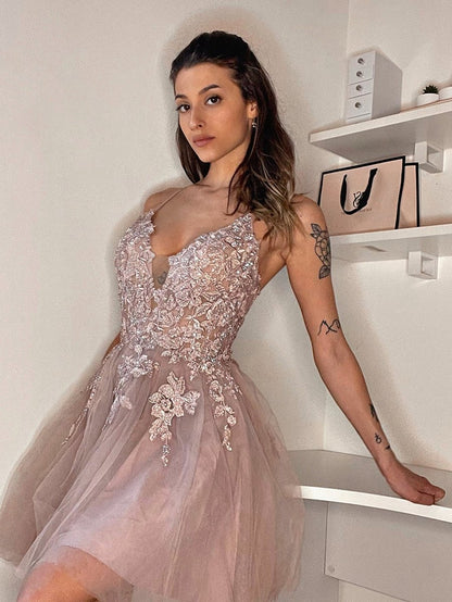 A-line Applique BlushTulle Short Homecoming Dresses