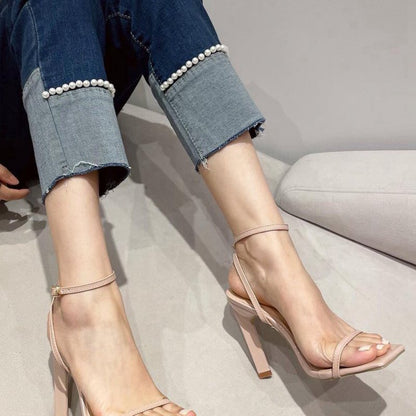 One Word Square Head Thick High Heels
