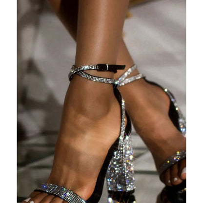 Rhinestone Chunky Heel One Buckle Sexy High Heel Sandals