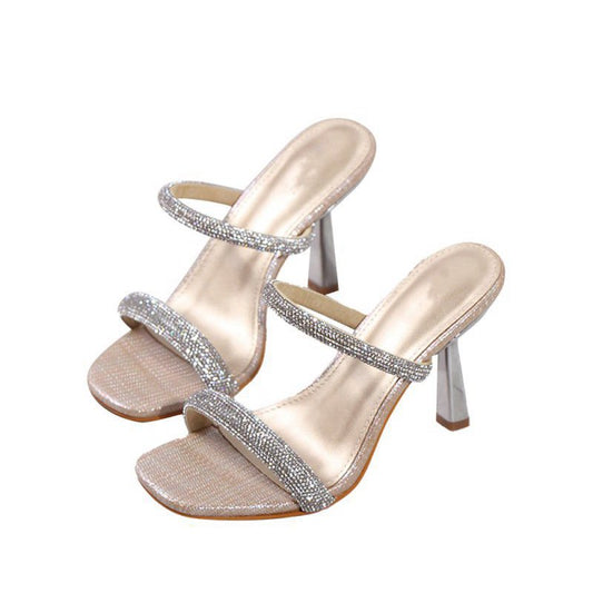 Square Toe Rhinestone Stiletto Sandals