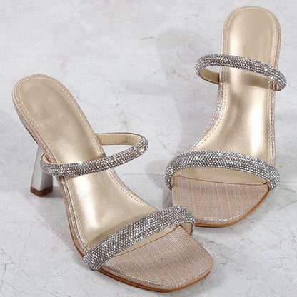 Square Toe Rhinestone Stiletto Sandals