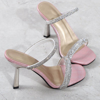 Square Toe Rhinestone Stiletto Sandals
