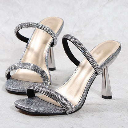 Square Toe Rhinestone Stiletto Sandals