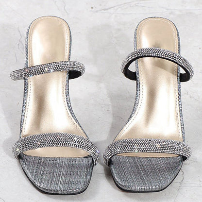 Square Toe Rhinestone Stiletto Sandals
