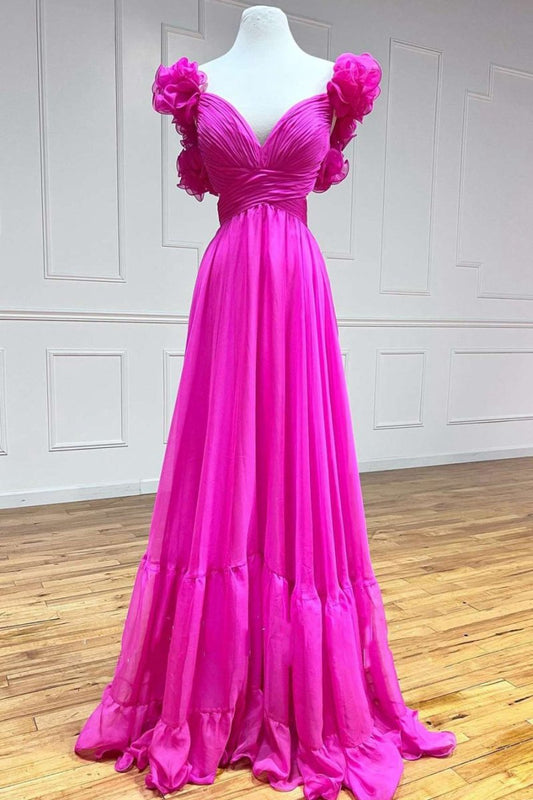 Lace-Up V-Neck Ruffle Pleated Long Prom Dresses