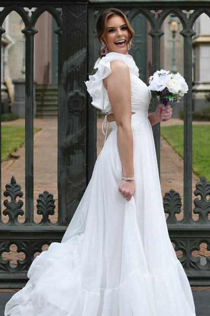 Lace-Up V-Neck Ruffle Pleated Long Prom Dresses