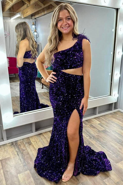 Sequin Feather One-Shoulder Mermaid Long Dresses with Slit