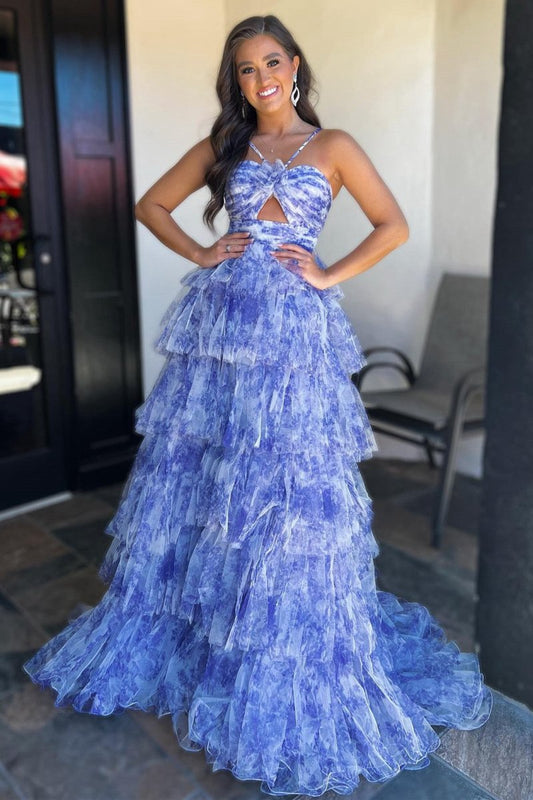 Print Halter Keyhole Ruffle Tie Long Prom Dresses