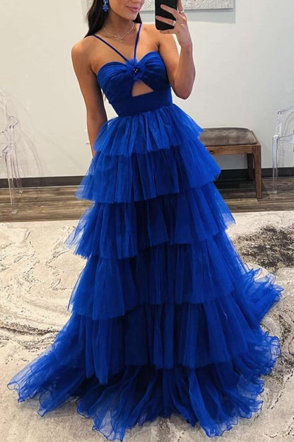 Print Halter Keyhole Ruffle Tie Long Prom Dresses