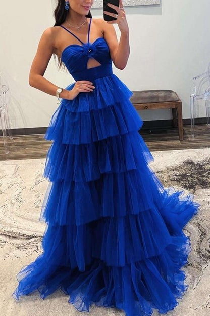 Print Halter Keyhole Ruffle Tie Long Prom Dresses